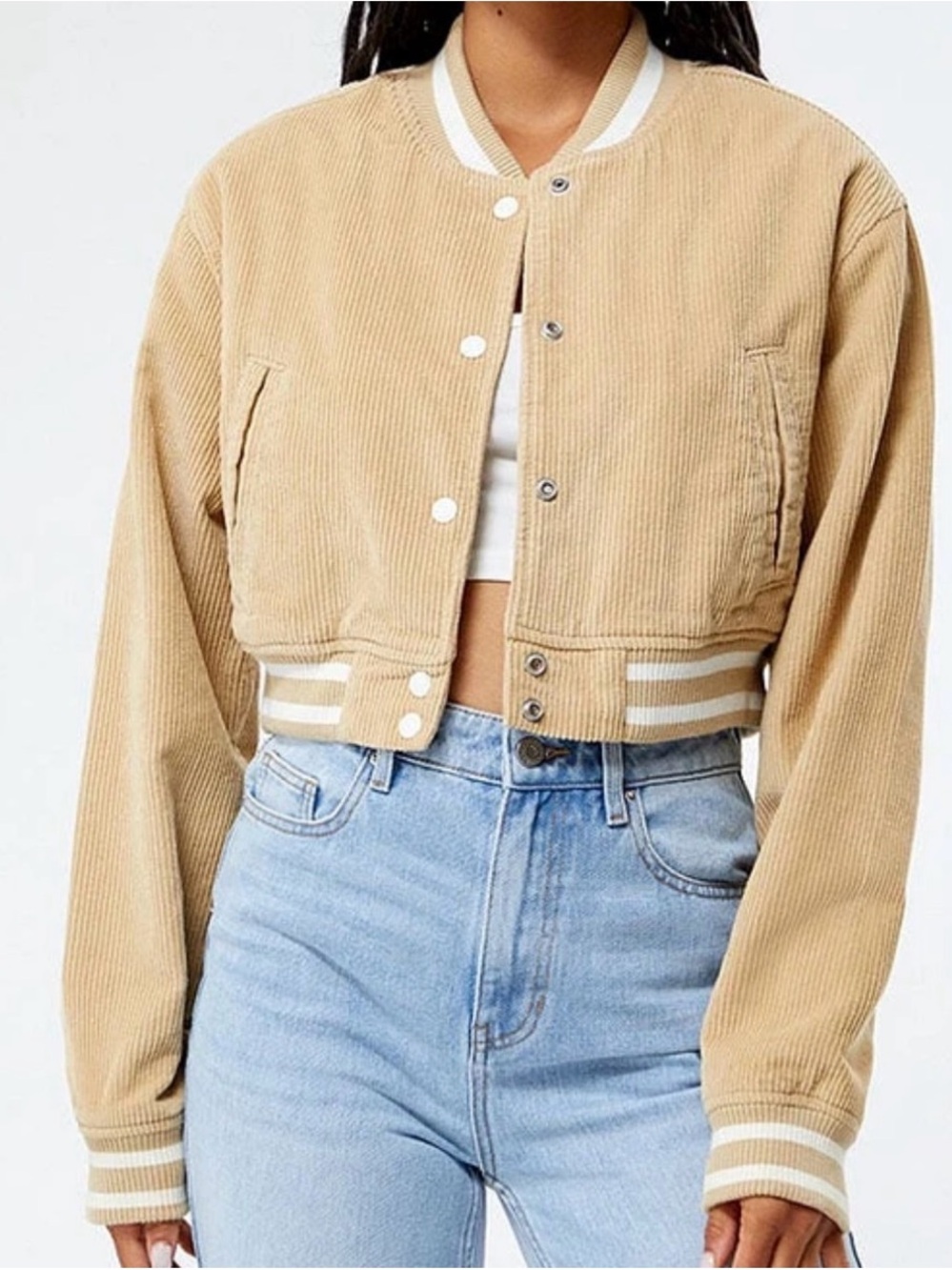 PacSun Cropped Corduroy Varsity Jacket in Tan with White Trim